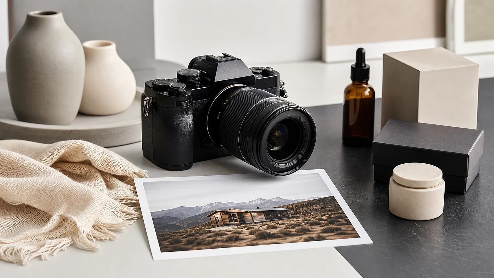 Sharper version of the same 1600 × 900 camera-and-product scene after enhancement